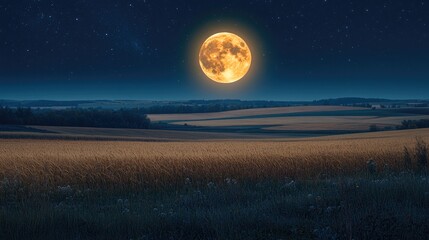 Wall Mural - A panoramic view of a harvest moon above a rural landscape, with the moon illuminating a picturesque field with ample copy space.