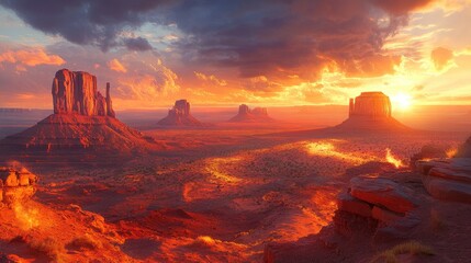 A panoramic view of a vast desert landscape with dramatic rock formations and a colorful sunset sky, ideal for showcasing the grandeur of nature with ample copy space.