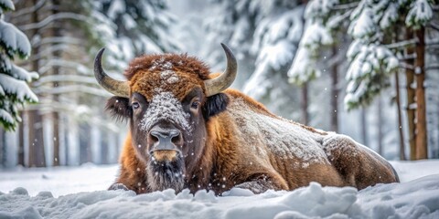 Sticker - Bison covered in snow lying in winter forest, bison, snow, winter, forest, wildlife, cold, mammal, nature, white, wilderness