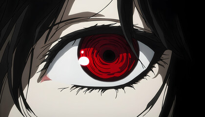 Close-up of an anime character's eye with a swirling red iris.