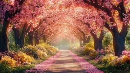 Wall Mural - A path lined with blooming trees in a spring garden, their branches forming a colorful archway, offering a vibrant and inviting scene with space for text.