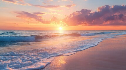 A peaceful beach scene at sunset, with the sun dipping below the horizon, painting the sky in hues of orange and pink. The waves gently kiss the shore.