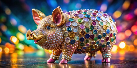 Brilliantly crafted pig sculpture adorned with crystals on vibrant gem surface, sparkling, luxury, art, sculpture, pig