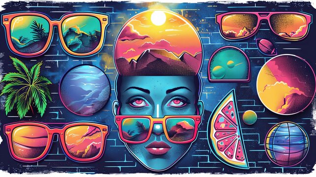 Futuristic y2k patches, labels, tags, stickers, bracelet stamps in retro style. Cartoon stickers in funky hipster groovy grunge 90s style. Vector set, trendy promo labels