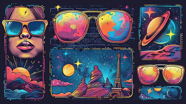Futuristic y2k patches, labels, tags, stickers, bracelet stamps in retro style. Cartoon stickers in funky hipster groovy grunge 90s style. Vector set, trendy promo labels