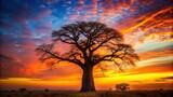 Silhouette of majestic baobab tree against a vibrant sunset sky, baobab, tree, sunset, silhouette, vivid, colorful, sky