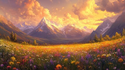 Wall Mural - A peaceful mountain meadow at sunset, with the distant peaks bathed in a soft, golden light and the sky ablaze with color.