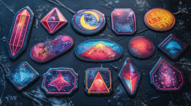 Futuristic y2k patches, labels, tags, stickers, bracelet stamps in retro style. Cartoon stickers in funky hipster groovy grunge 90s style. Vector set, trendy promo labels