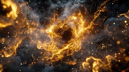 Wall Mural - A mesmerizing cosmic scene featuring vibrant golden lights swirling in a dark, nebulous space filled with stars and energy.