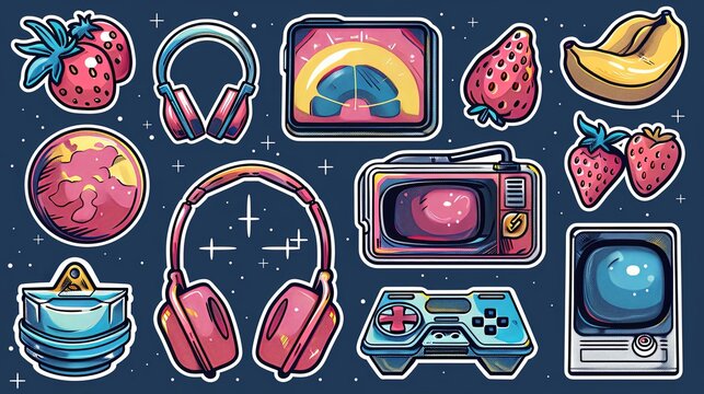 Futuristic y2k patches, labels, tags, stickers, bracelet stamps in retro style. Cartoon stickers in funky hipster groovy grunge 90s style. Vector set, trendy promo labels