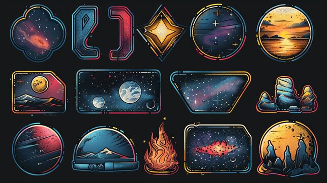 Futuristic y2k patches, labels, tags, stickers, bracelet stamps in retro style. Cartoon stickers in funky hipster groovy grunge 90s style. Vector set, trendy promo labels