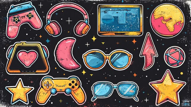 Futuristic y2k patches, labels, tags, stickers, bracelet stamps in retro style. Cartoon stickers in funky hipster groovy grunge 90s style. Vector set, trendy promo labels