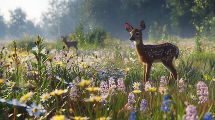 Wall Mural - A meadow full of wildflowers at daybreak inspected by fawns