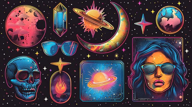 Futuristic y2k patches, labels, tags, stickers, bracelet stamps in retro style. Cartoon stickers in funky hipster groovy grunge 90s style. Vector set, trendy promo labels