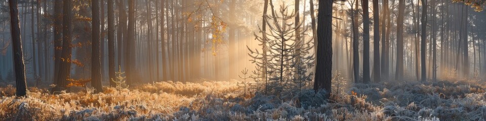 Poster - Golden light filters through towering pines at daybreak, highlighting the frost-covered vegetation along the forest's edge.