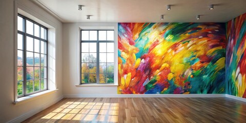 Canvas Print - Abstract colorful artwork painting on empty room wall with a window , vibrant, modern, art, acrylic, creative