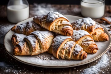 A plate of freshly baked almond croissants with toasted almond slices on top and a dusting of powder, AI Generated