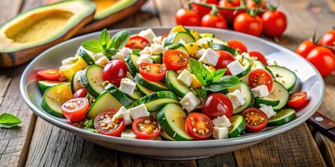 Wall Mural - Fresh and colorful zucchini salad with cherry tomatoes, feta cheese, and balsamic vinaigrette dressing , zucchini