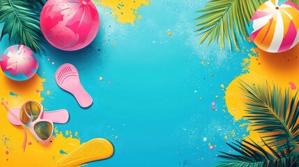 Poster - A playful summer flyer design with bold, vibrant colors, featuring beach balls, flip flops, and palm trees, perfect for promoting summer events with ample space for text.