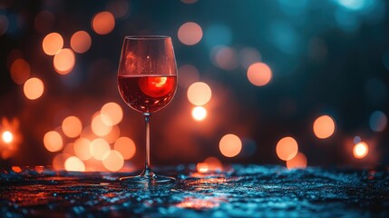 A red moon reflecting in a wine glass, with a backdrop of soft, glowing lights, ideal for themes of relaxation and luxury with space for messaging.