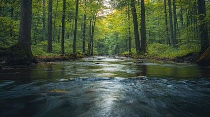 Poster - A river flowing through a dense forest, with the water reflecting the surrounding trees and a clear sky above.