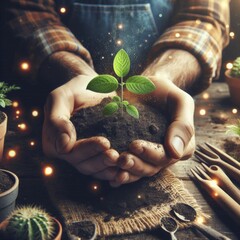 Hands Holding Seedling, Earth Day Environment Concept