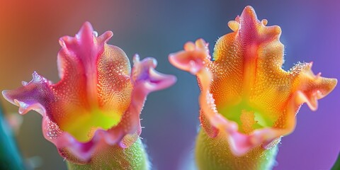 Wall Mural - Close-up image of two vibrant Crown of Thorns flowers showcasing rich colors and intricate petal textures, highlighting the delicate allure of these hardy blossoms.