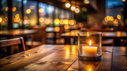 Wall Mural - Candle glowing inside glass on wooden table in restaurant at night, candle, glow, glass, wooden table, restaurant, night