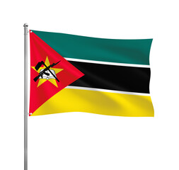 Mozambique flag waving in the wind on a silver pole, isolated on transparent background