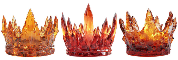 Crystal crowns with fiery colors and spikes isolated on transparent background