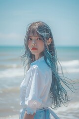 Wall Mural - if rei Ayanami is a real girl with long hair and smiling, Seaside holiday style, with sunshine and full of vitality, photography style 