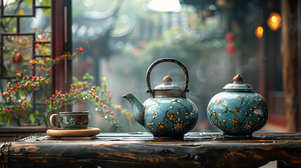  two teapots and a cup of tea on a wooden table in front of a window