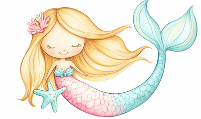 Cute mermaid with blonde hair and blue tail.