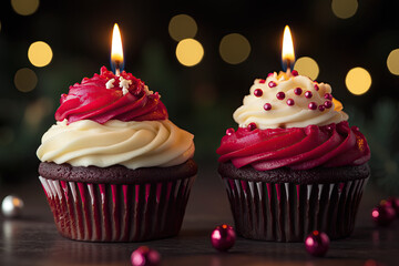 Two red and white cupcakes with candles