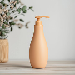 Wall Mural - mock up of matte orange curved shampoo pump bottle on wooden table,white background,Ai generated images