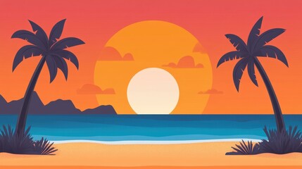 Wall Mural - Captivating orange sunrise paints the beach, a stunning modern illustration featuring textured cartoon elements.