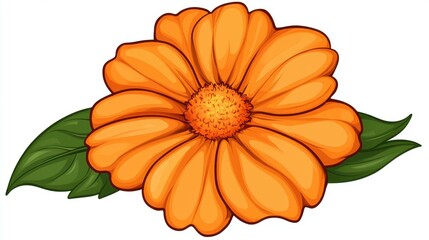 Sticker - Vibrant, flat cartoon marigold flower showcases bright orange hues and textures, perfect for cheerful designs.