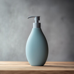 Wall Mural - mock up of matte blue curved shampoo pump bottle on wooden table,white background,Ai generated images