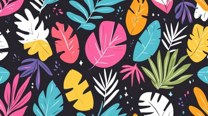 Canvas Print - Dive into a vibrant world with this cute, handdrawn tropical floral pattern, perfect for a modern decor twist