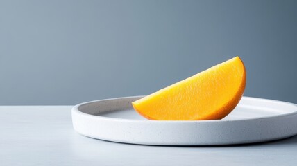 Single mango slice on white plate, minimalist composition.