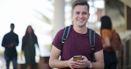 Poster - Happy university student, man and phone with face, texting or laughing with funny meme at campus. Person, smartphone and smile with smartphone, backpack or mobile network for social media at college