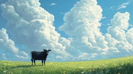 A lone cow stands in an empty green field under a sky filled with beautiful clouds, creating a serene rural landscape.