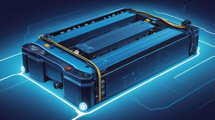 A gleaming lithium battery pack for an electric car is depicted in intricate detail, its power connections highlighted in a striking blue hue. This cutting-edge technology is the focal point of a real