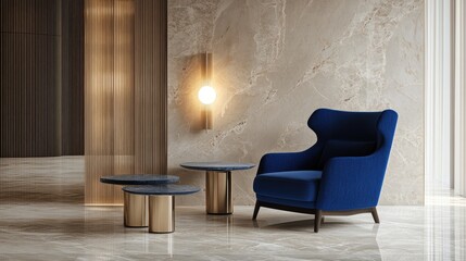 Modern living room interior design with a blue armchair, two gold coffee tables, and a wall lamp.