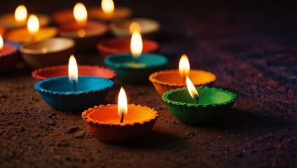 Canvas Print - Lit candles in vibrant holders set against a dim backdrop, enhancing the ambiance with a soft glow. Generative AI.
