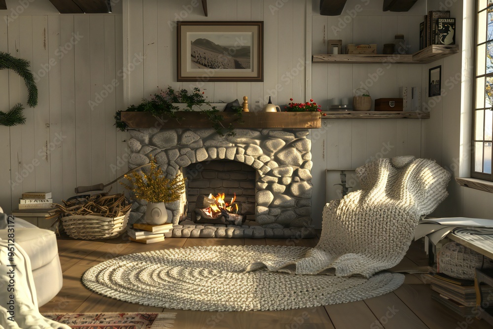 Gentle 3D render of a cozy living room with a stone fireplace and a ...