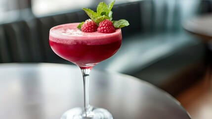 Wall Mural - A popular beverage served in a chic coupe glass on a contemporary table that layers vibrant berry puree and is topped with a mint sprig