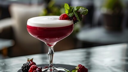 Wall Mural - A popular beverage served in a chic coupe glass on a contemporary table that layers vibrant berry puree and is topped with a mint sprig