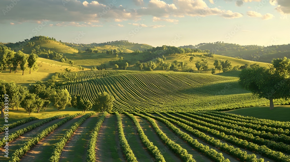 A vibrant 3D depiction of a sprawling organic farm, with rows of green ...