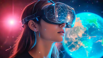 Young woman wearing augmented reality glasses, virtual reality technology